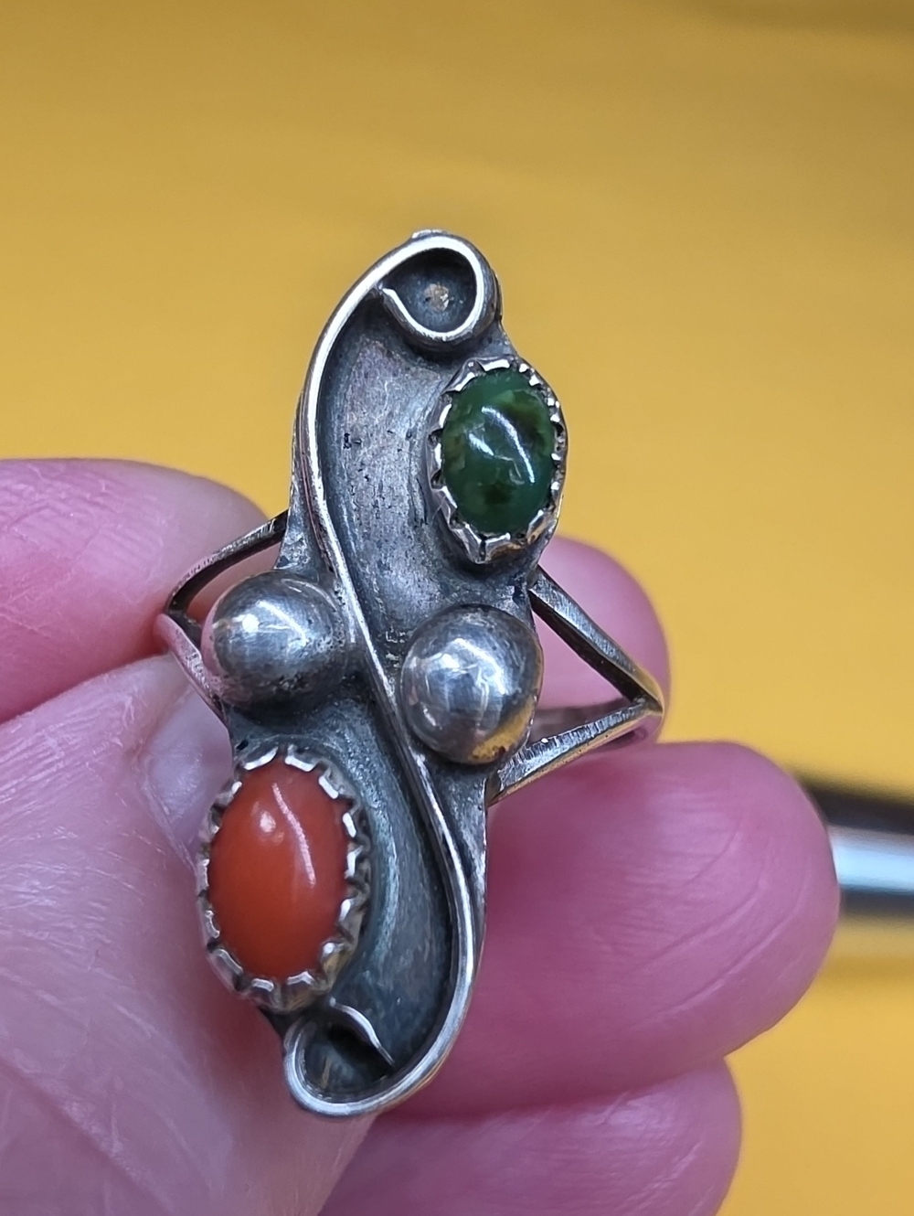 Old Pawn Navajo Ring - Mid-20th Century - Unmarked - Red Coral & Green Turquoise